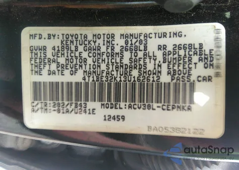 2003 Toyota Camry Le from USA, damaged, VIN 4T1BE32K13U162612